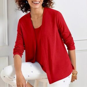 Talbots Red Linen Blend Open Front Cardigan Lightweight Sweater Sz Large Petite